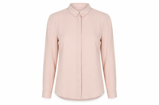 Front view of New Look Women Beige Long Sleeve Collared Basic Blouse, size 6