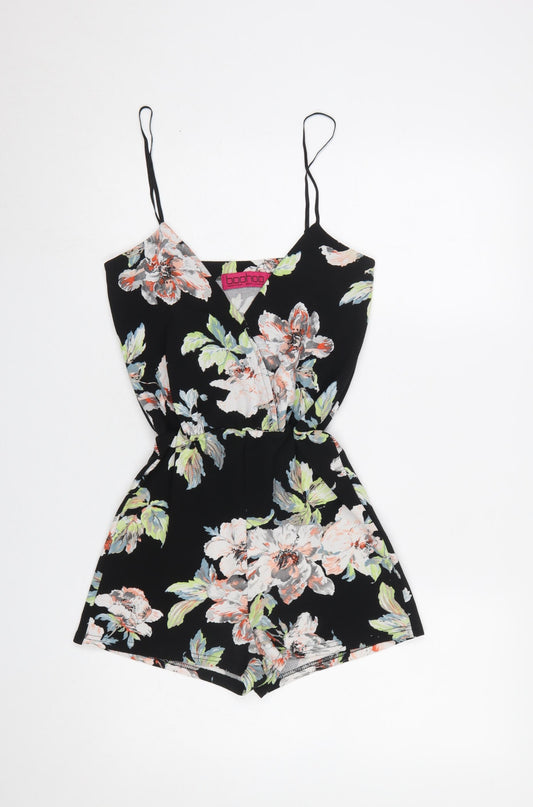 Boohoo Womens Black Floral V-Neck Sleeveless Playsuit Size 8