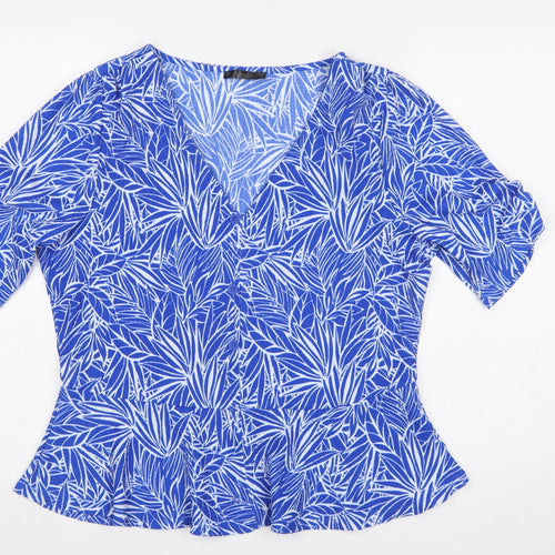 Dunnes Stores Women's Blue Floral V-Neck Button Blouse Medium