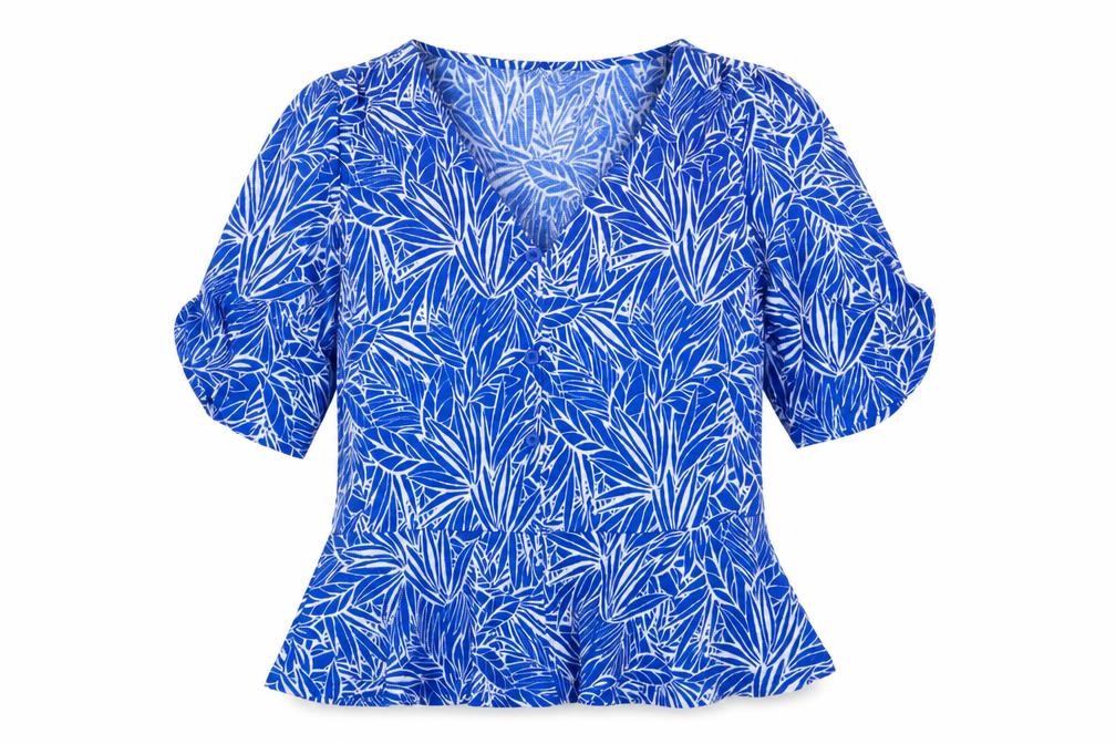 Front view of Dunnes Women's Blue Floral V-Neck Button Blouse Medium