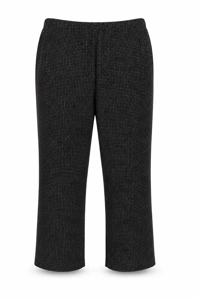 Front view of Bonmarché Women’s Black Geometric Knit Pull-On Trousers, size UK 12
