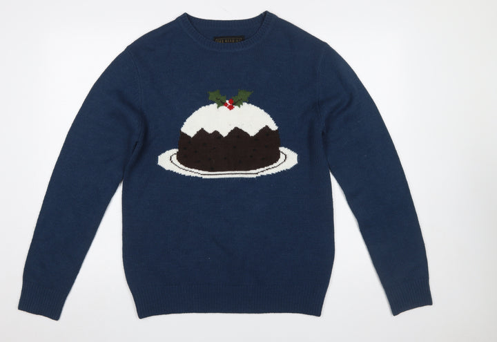 Red Herring Men Blue Medium Christmas Pudding Knit Jumper