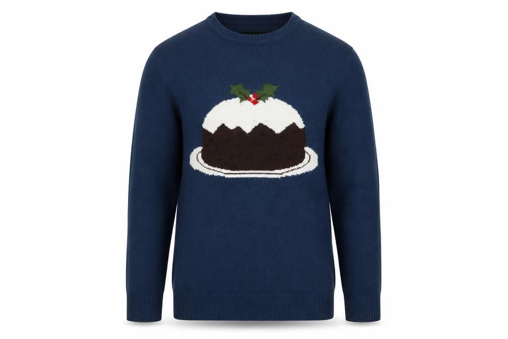 Front view of Red Herring Men Blue Medium Christmas Pudding Knit Jumper