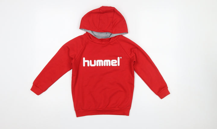 Hummel Boys Red Pullover Hoodie Size 6 Years Cotton Blend Logo Top