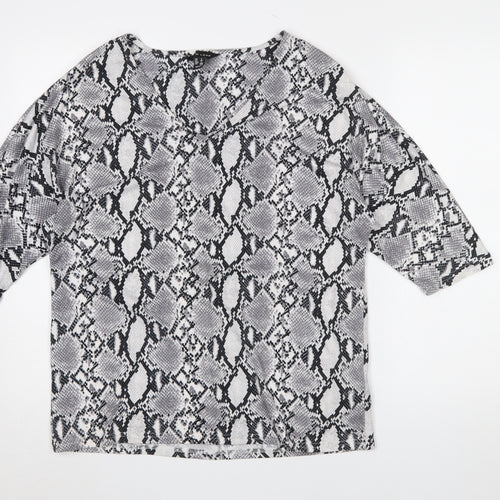 New Look Women's Grey Snake Print 3/4 Sleeve V-Neck Blouse Size 8