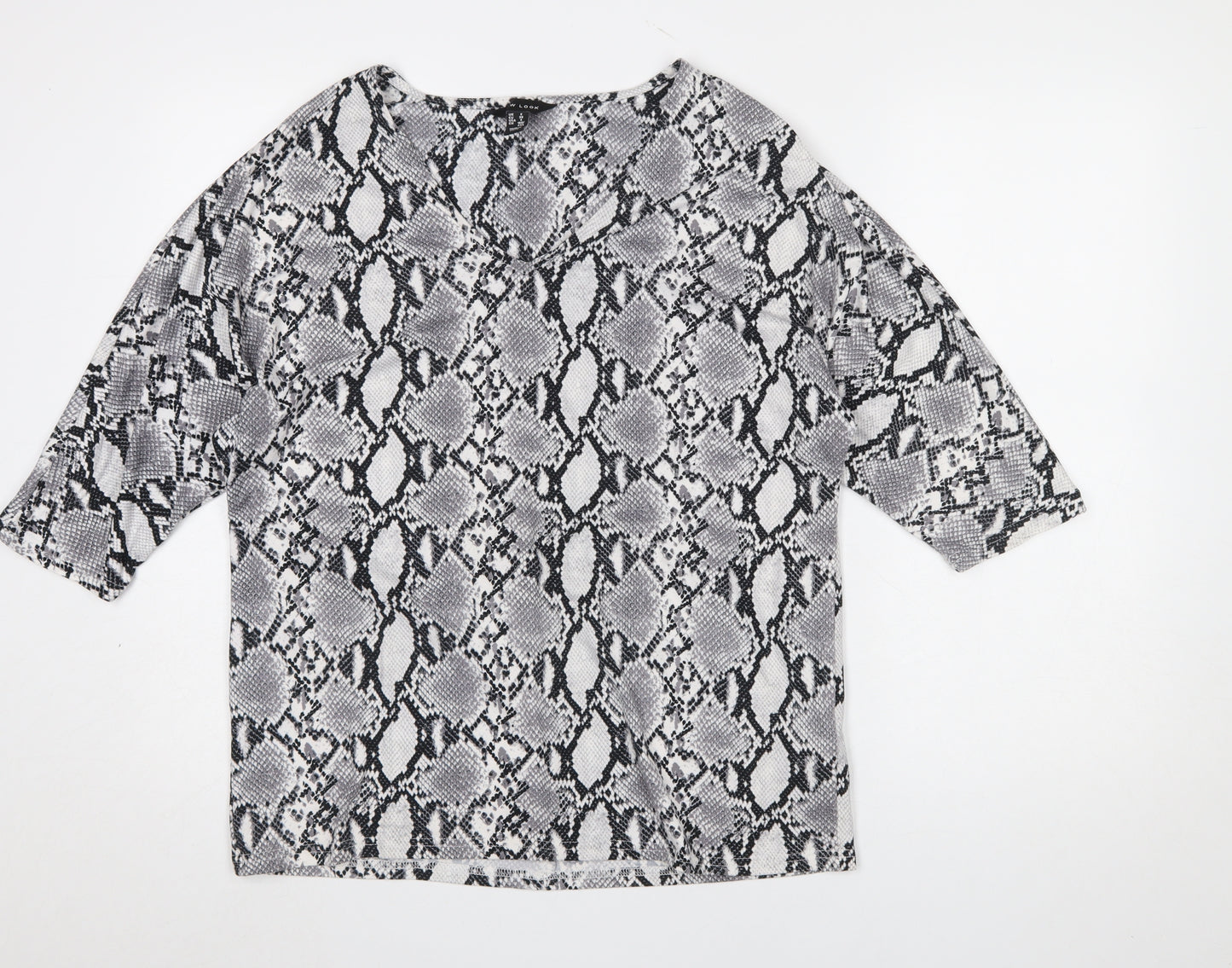 New Look Women's Grey Snake Print 3/4 Sleeve V-Neck Blouse Size 8