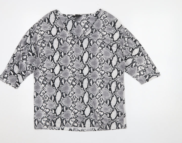 New Look Women's Grey Snake Print 3/4 Sleeve V-Neck Blouse Size 8