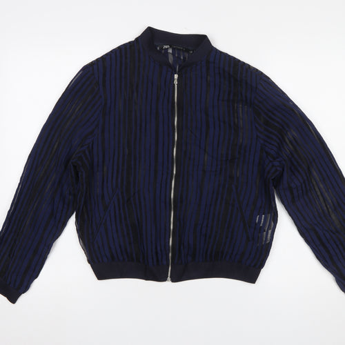 ZARA Women Blue Striped Sheer Zip Blouse Size 12