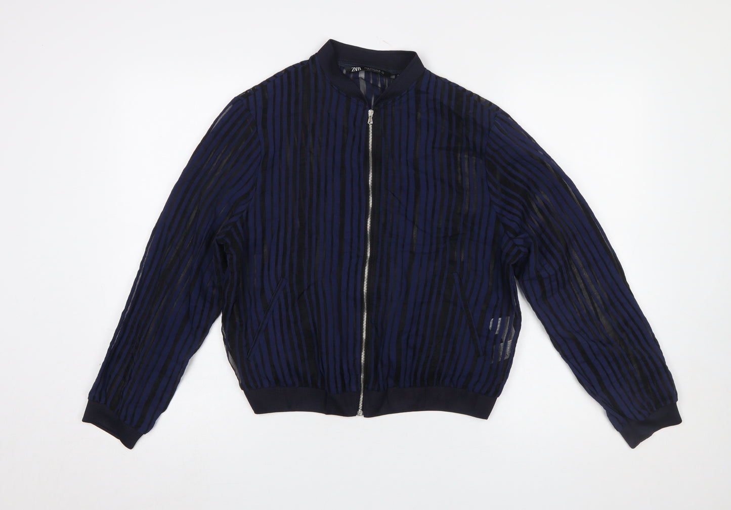 ZARA Women Blue Striped Sheer Zip Blouse Size 12