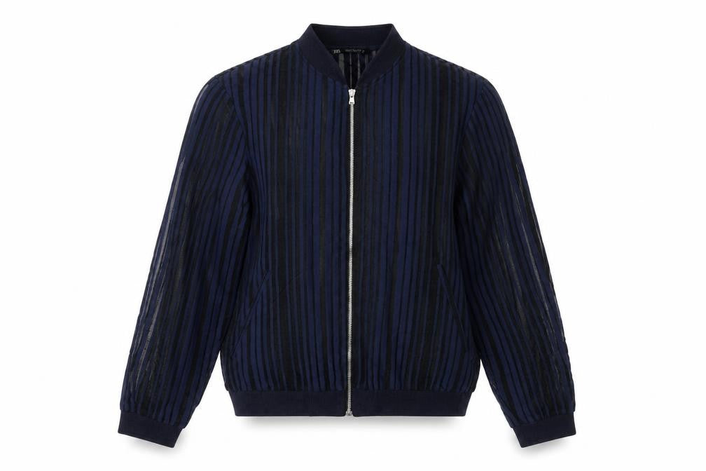 Front view of Zara Women Blue Striped Sheer Zip Blouse, size 12
