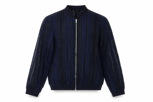 Front view of Zara Women Blue Striped Sheer Zip Blouse, size 12