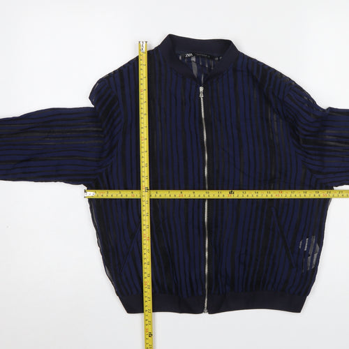 ZARA Women Blue Striped Sheer Zip Blouse Size 12