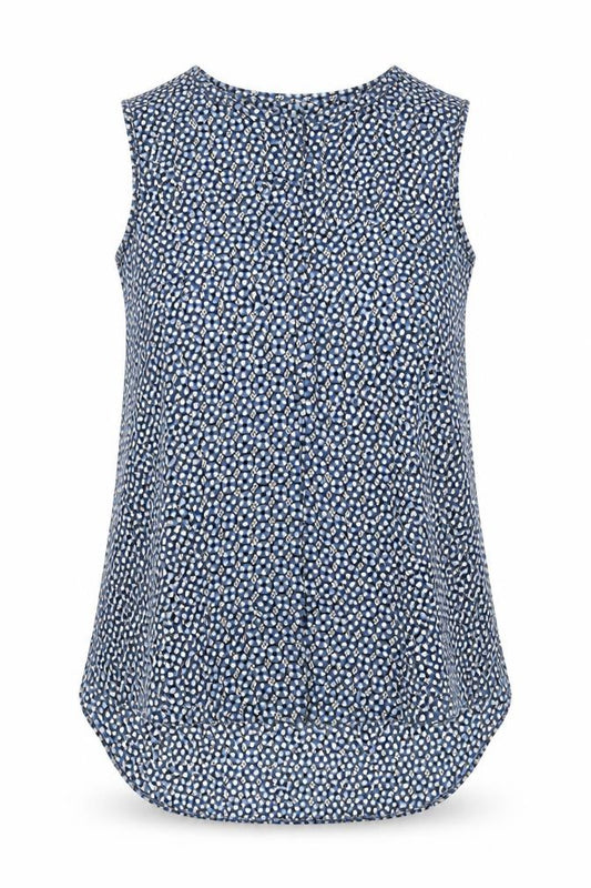 Front view of H&M Women's Blue Floral V-Neck Sleeveless Tunic Blouse, size 10