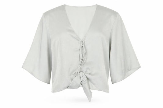 Front view of River Island Women Grey Wrap Kimono Blouse, size 8, Polyester