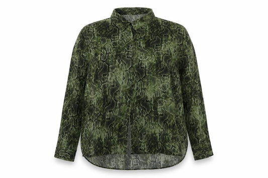 Front view of Mango Women’s Green Animal Print Button-Up Shirt, size UK 14