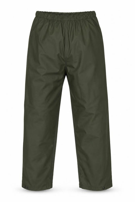 Front view of Fort Workwear boys’ green 11-12 years waterproof rain trousers