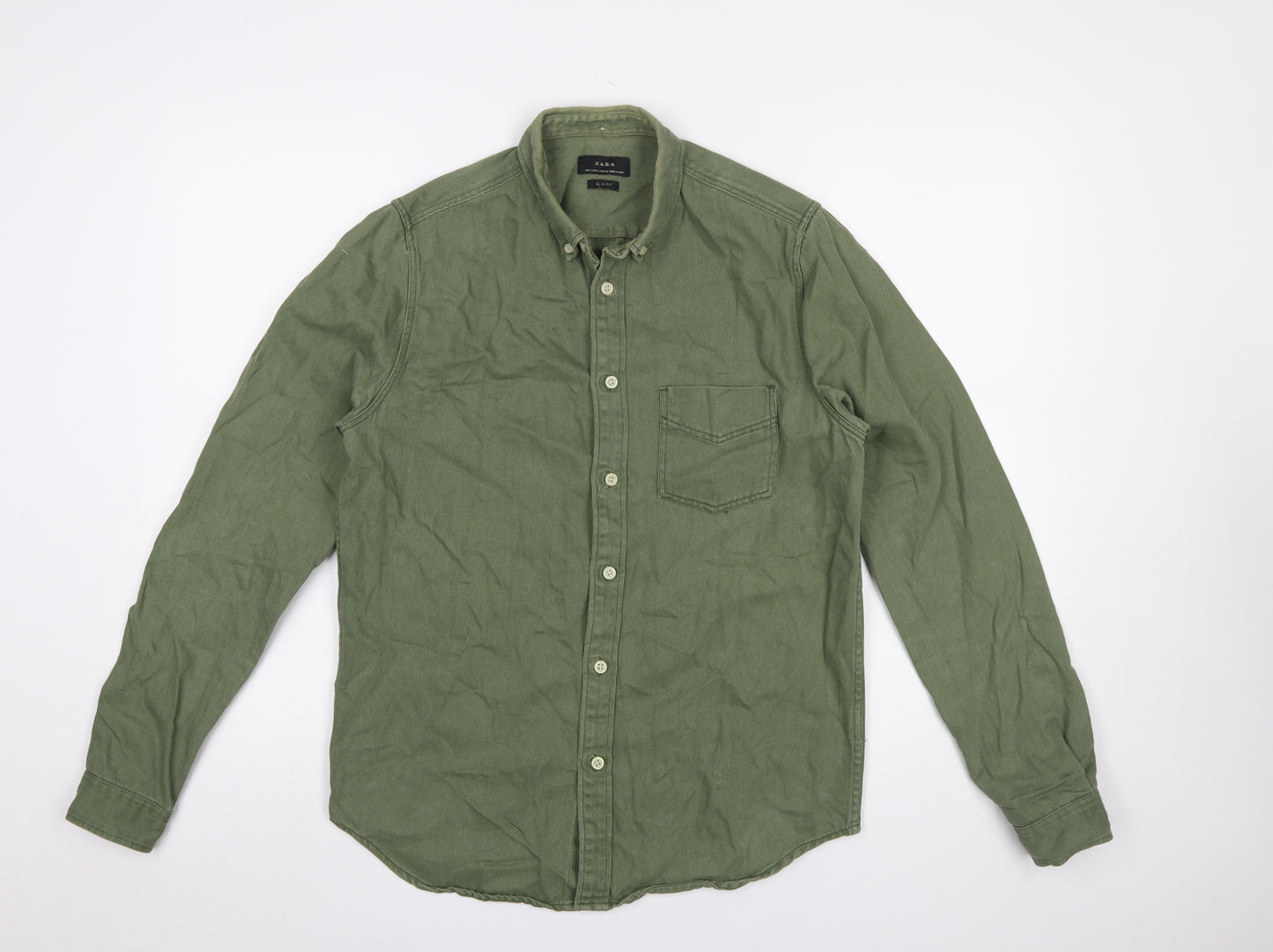 Zara Men’s Green Slim Fit Button-Down Long Sleeve Casual Shirt Size S