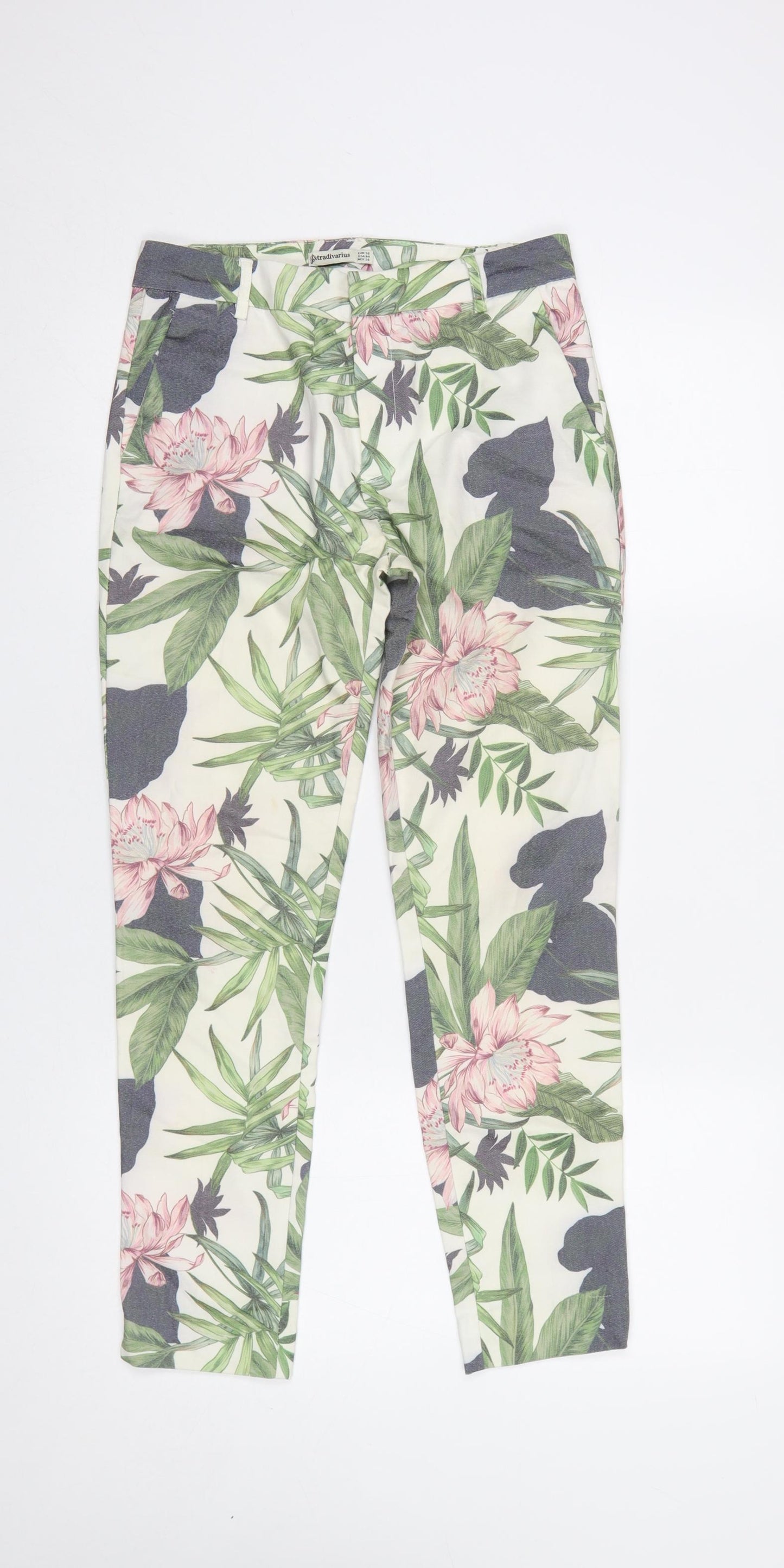 Stradivarius Women's Floral Cropped Slim Trousers Size 8 Multicoloured