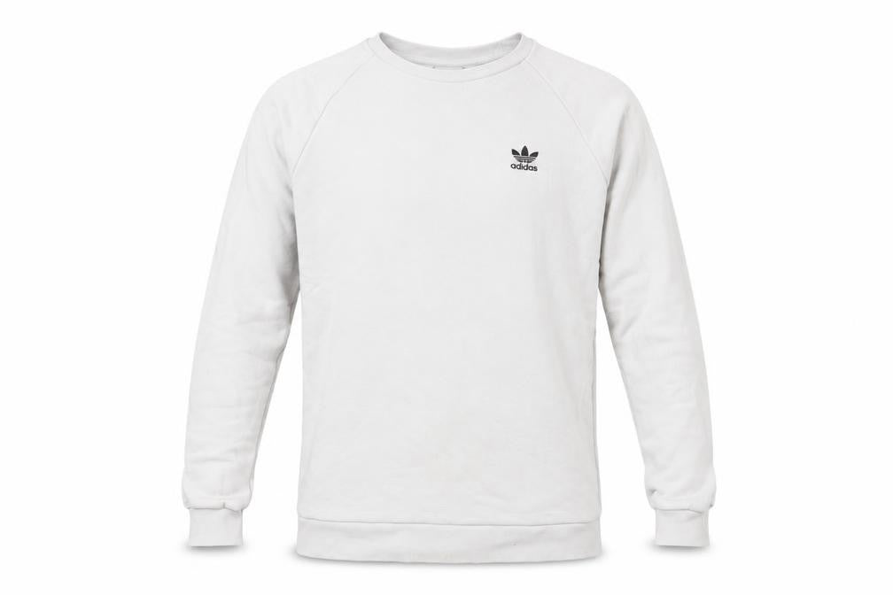 Front view of Adidas Men's White Small Crew Neck Pullover Sweatshirt