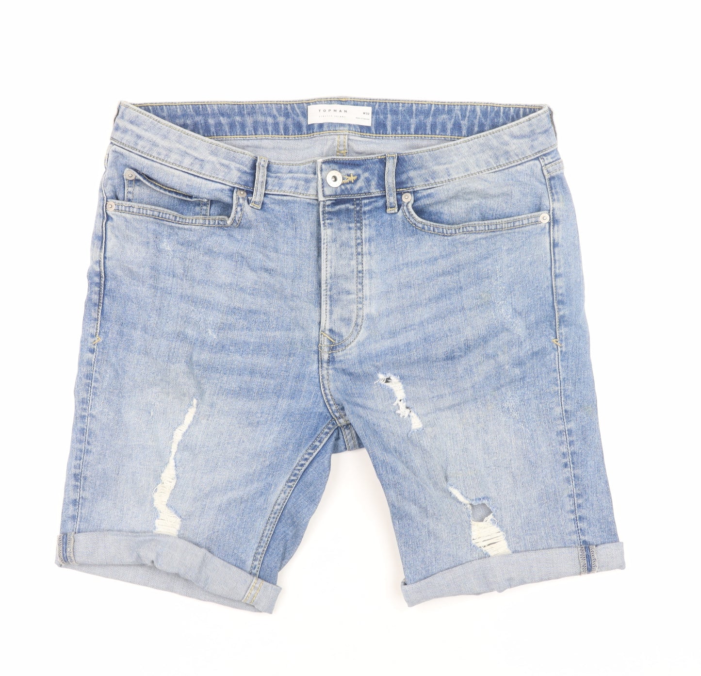 Topman Men's Blue Distressed Denim Slim Shorts Size W32