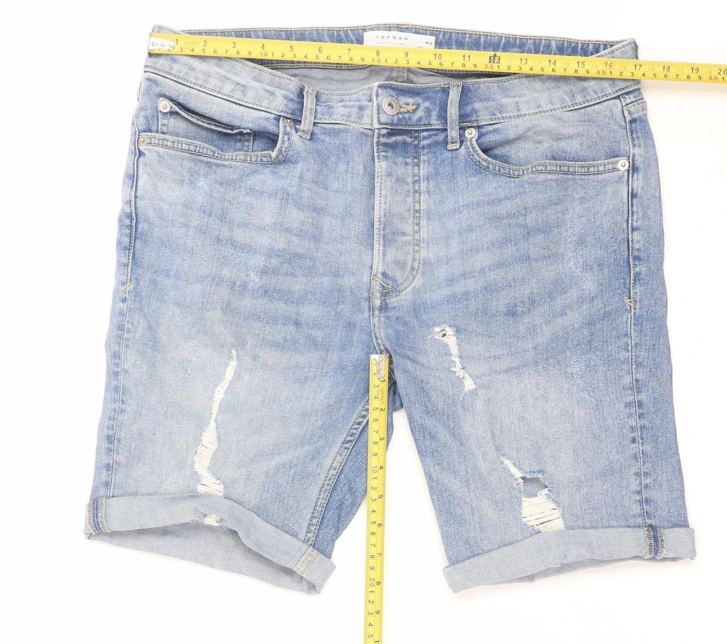Topman Men's Blue Distressed Denim Slim Shorts Size W32