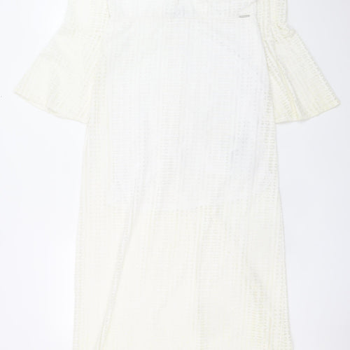Guess Women White Lace Maxi Long Sleeve V-Neck Dress Size 12