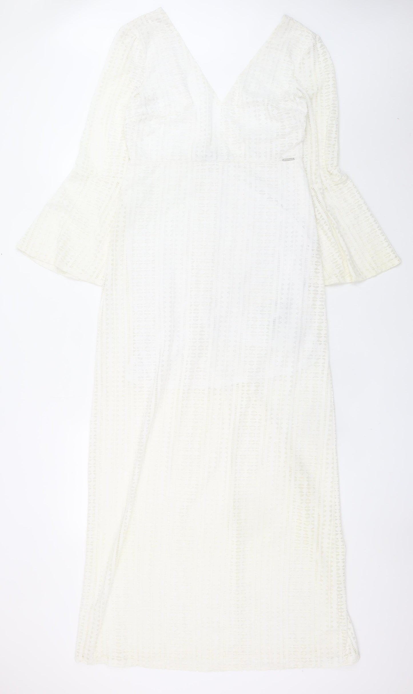Guess Women White Lace Maxi Long Sleeve V-Neck Dress Size 12