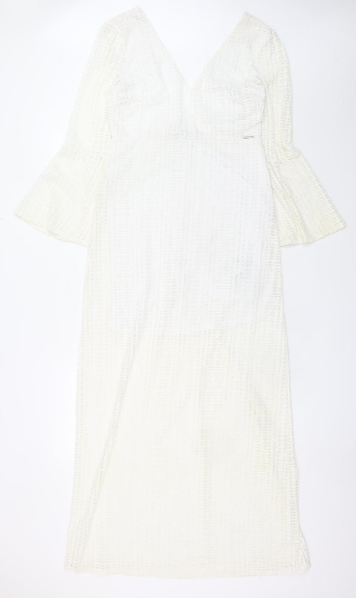 Guess Women White Lace Maxi Long Sleeve V-Neck Dress Size 12