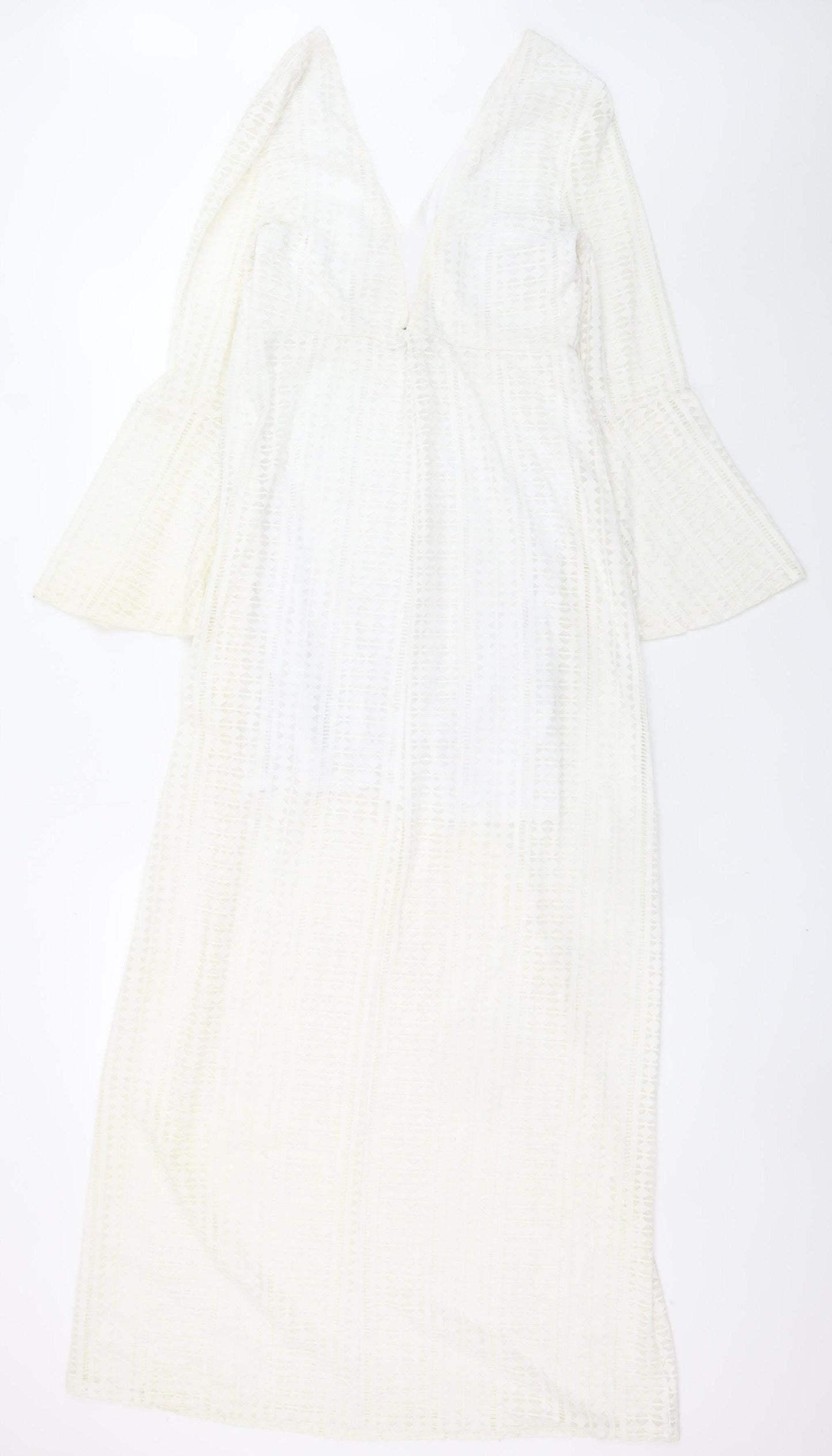 Guess Women White Lace Maxi Long Sleeve V-Neck Dress Size 12