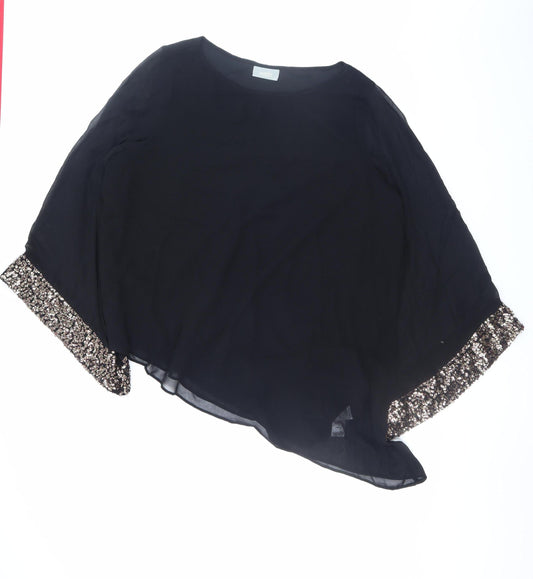 Wallis Women Black Sequin Cuff Chiffon Tunic Blouse Size L