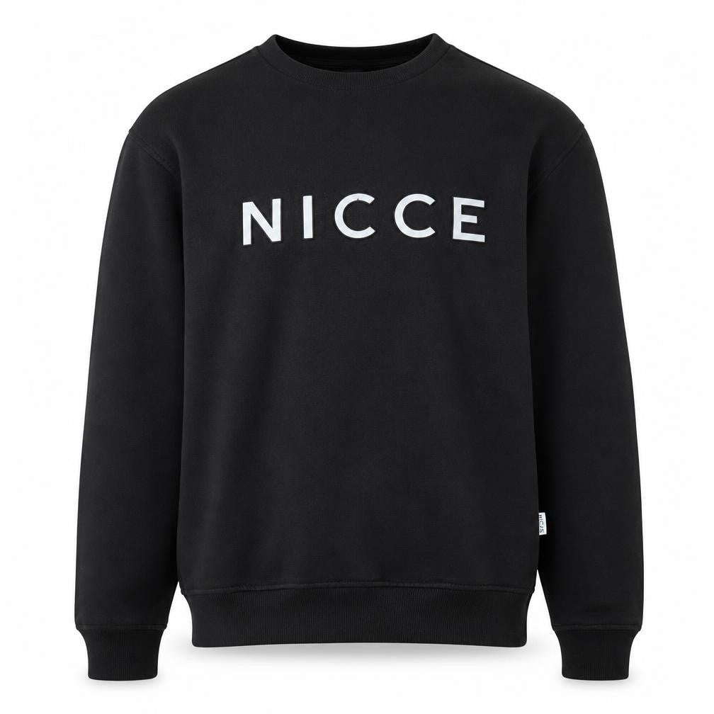 Front view of NICCE men’s black pullover sweatshirt medium crew neck logo jumper