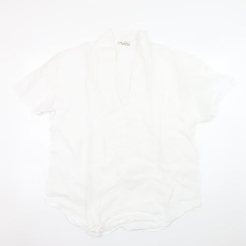 Puro Lino Men's White Linen Short Sleeve V-Neck Casual T-Shirt 2XL