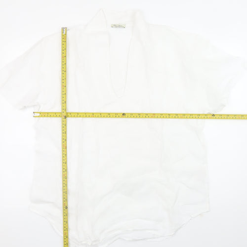 Puro Lino Men's White Linen Short Sleeve V-Neck Casual T-Shirt 2XL