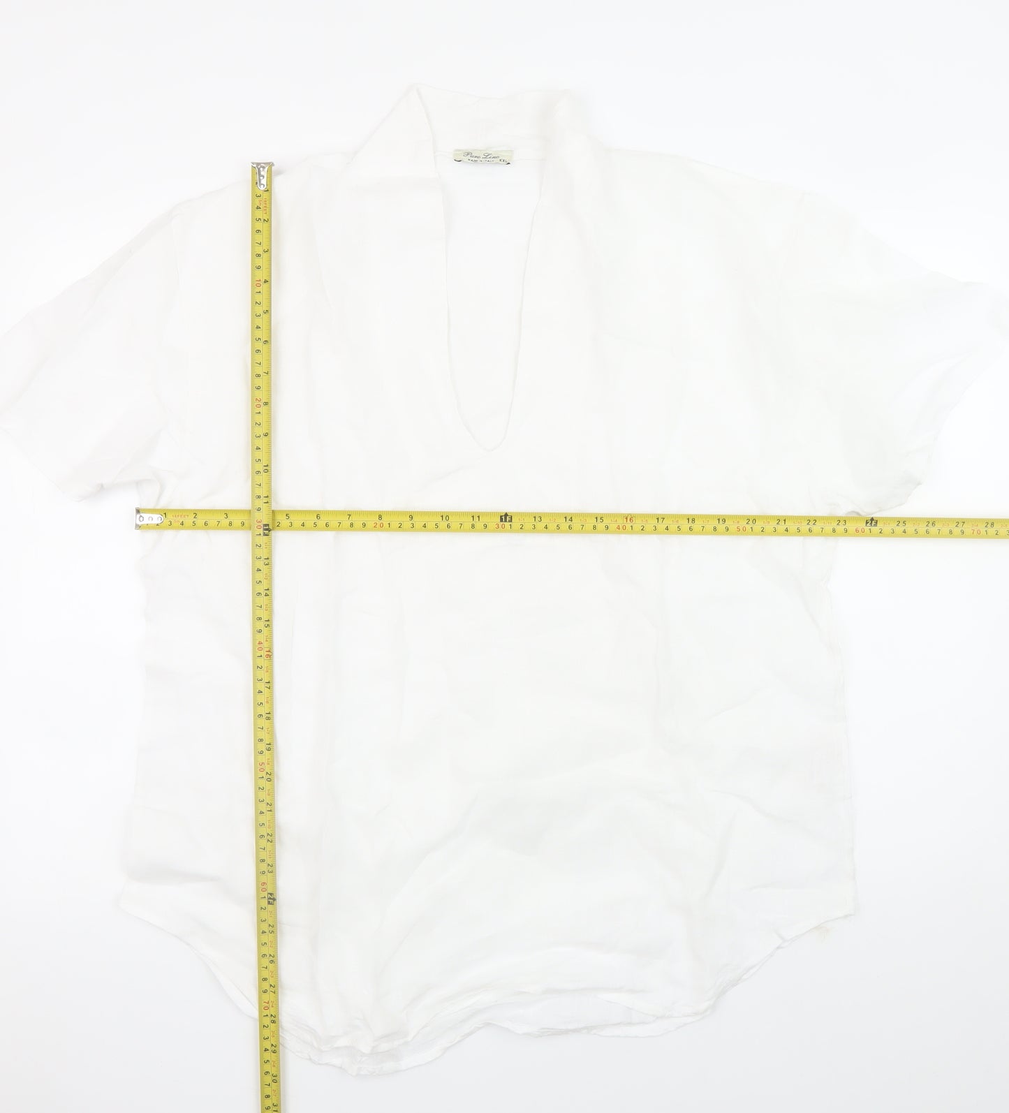 Puro Lino Men's White Linen Short Sleeve V-Neck Casual T-Shirt 2XL