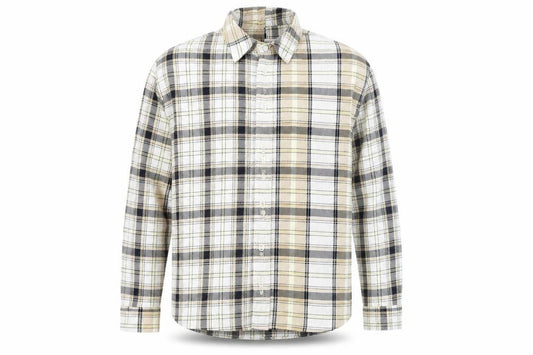 Front view of Zara Men Beige Plaid Cotton Relaxed Fit Long Sleeve Button-Up Shirt M