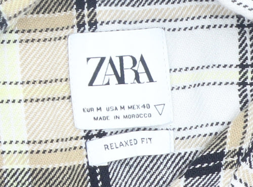 Zara Men Beige Plaid Cotton Relaxed Fit Long Sleeve Button-Up Shirt M