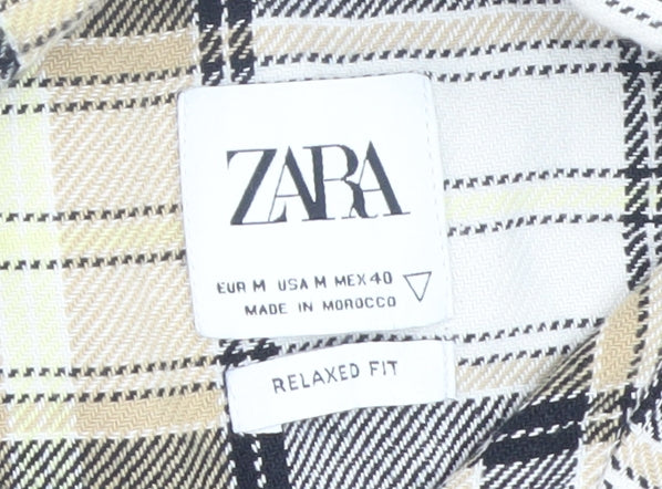 Zara Men Beige Plaid Cotton Relaxed Fit Long Sleeve Button-Up Shirt M