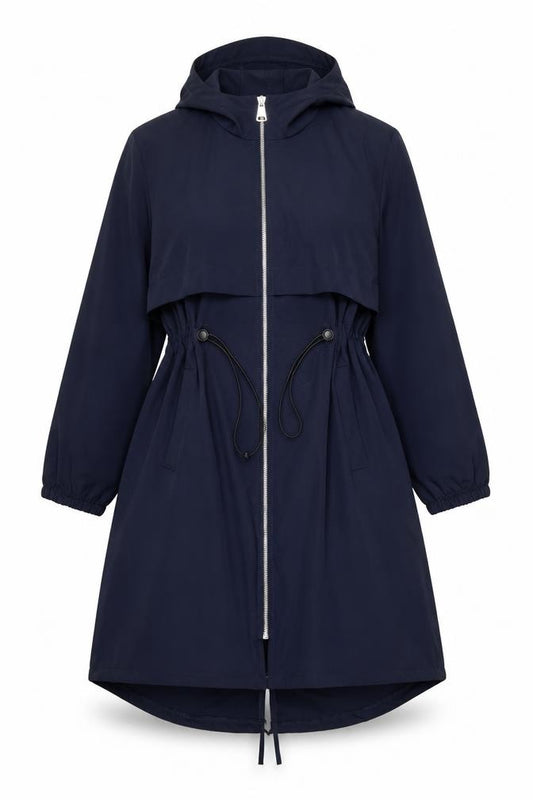 Front view of Virgo Boutique Women Blue Hooded Long Parka Coat, size 10