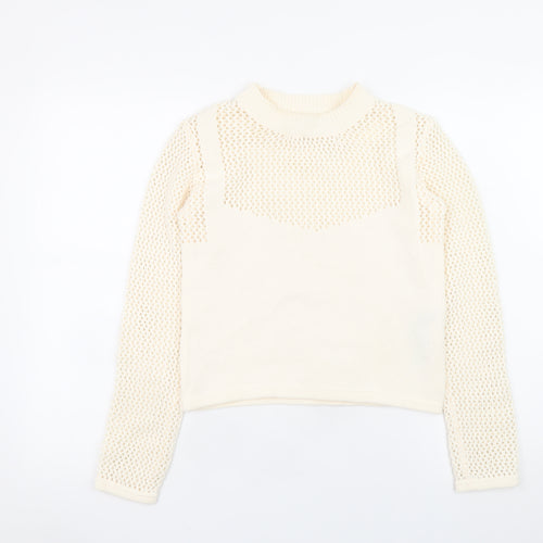 Zara Women Ivory Mock Neck Open Knit Pullover Jumper Size S