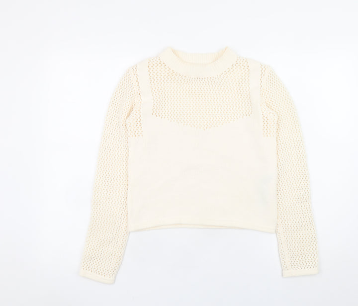Zara Women Ivory Mock Neck Open Knit Pullover Jumper Size S