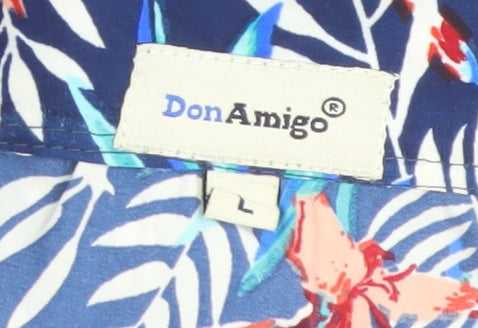 Don Amigo Men's Blue Hawaiian Floral Short Sleeve Button-Up Shirt L