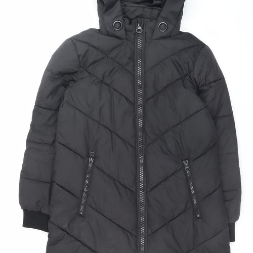 Jacqueline de Yong Women Black Small Quilted Long Hooded Puffer Jacket