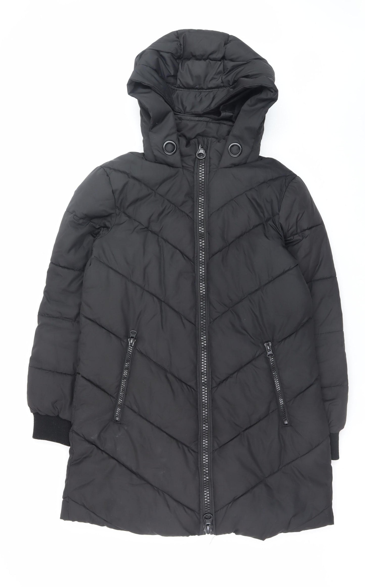 Jacqueline de Yong Women Black Small Quilted Long Hooded Puffer Jacket