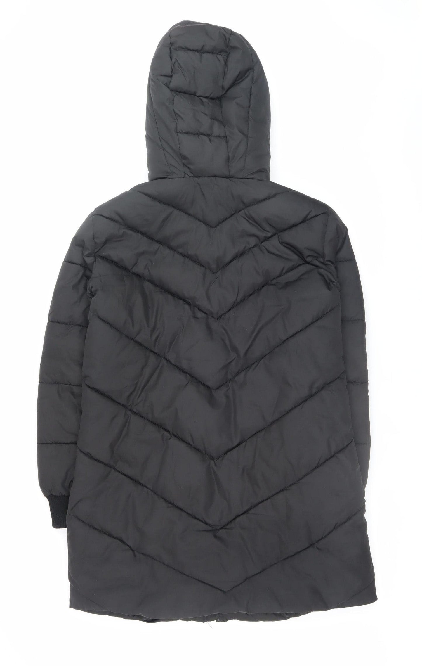 Jacqueline de Yong Women Black Small Quilted Long Hooded Puffer Jacket