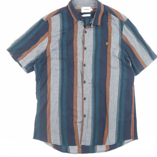 Farah Men's Multicoloured Striped Slim Fit Short Sleeve Button-Up Shirt Size L