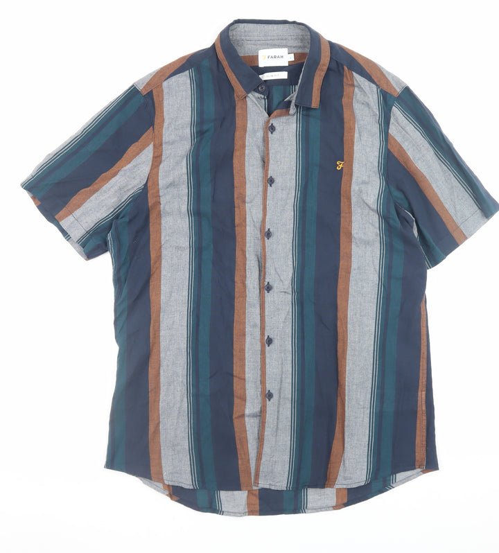 Farah Men's Multicoloured Striped Slim Fit Short Sleeve Button-Up Shirt Size L