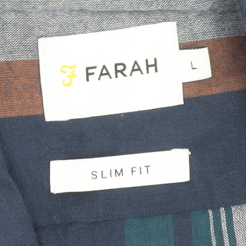 Farah Men's Multicoloured Striped Slim Fit Short Sleeve Button-Up Shirt Size L