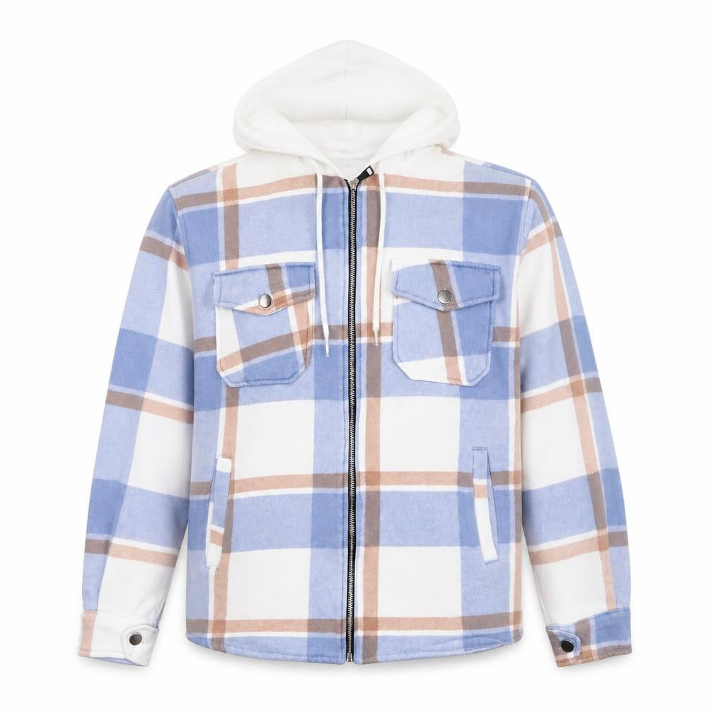 Front view of Rising Men’s Blue Check Hooded Full Zip Jacket, size L