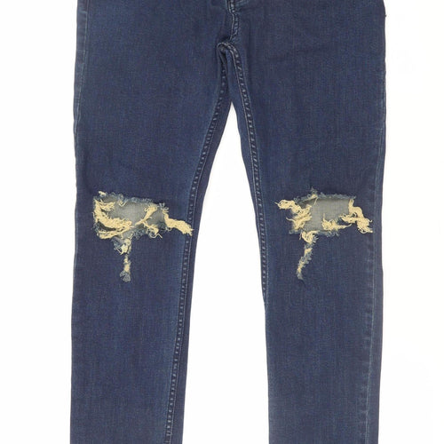 Topman Men's Blue Stretch Skinny Jeans 32R Distressed Denim