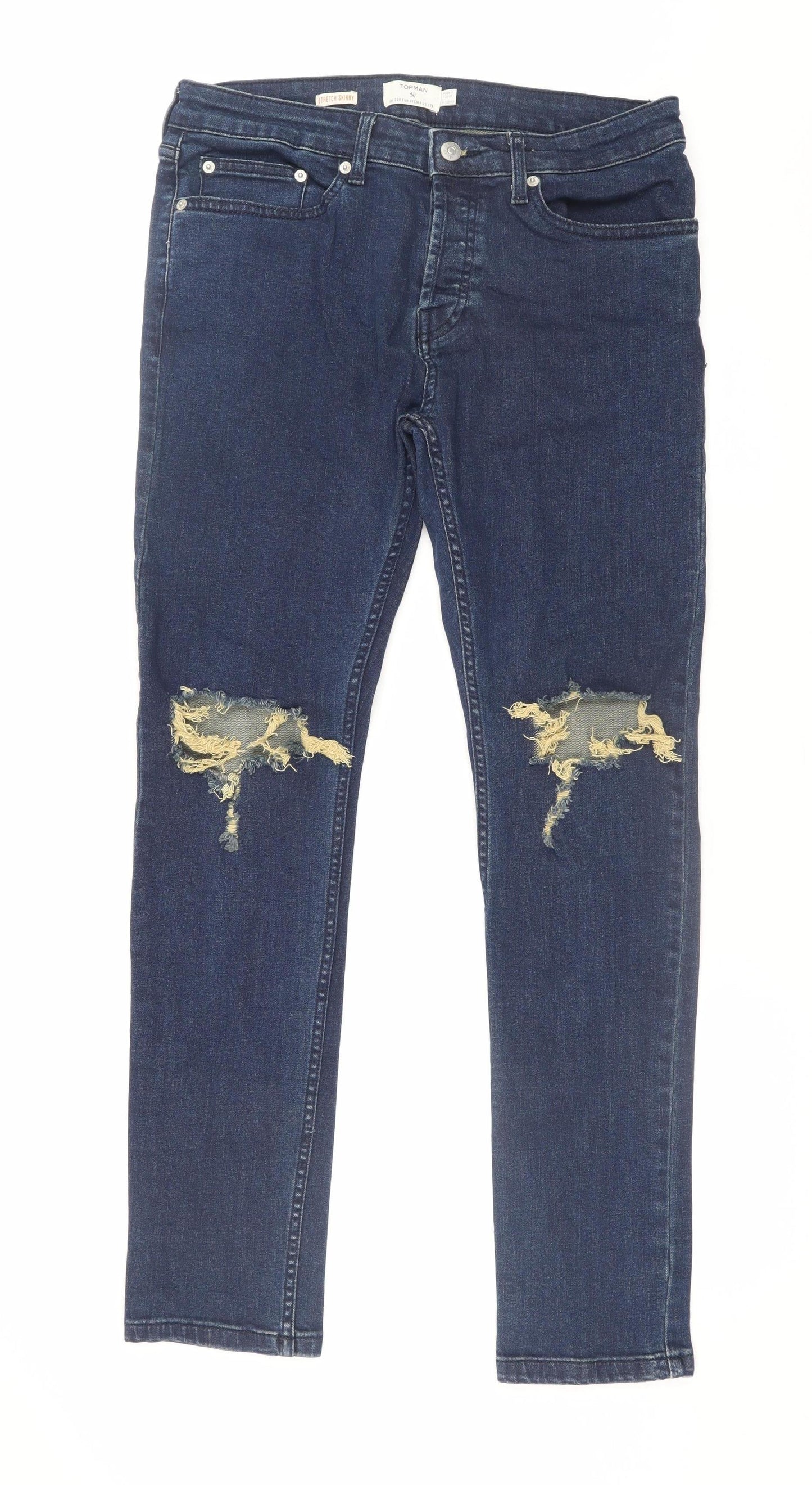 Topman Men's Blue Stretch Skinny Jeans 32R Distressed Denim